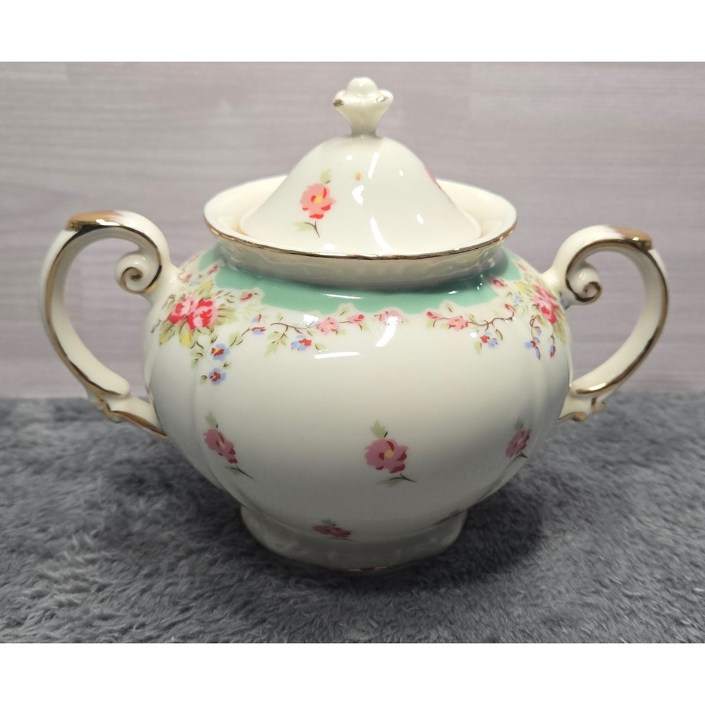 Peppertree Tabletops Green Vintage Rose Porcelain Lidded Sugar Bowl Gold Trim